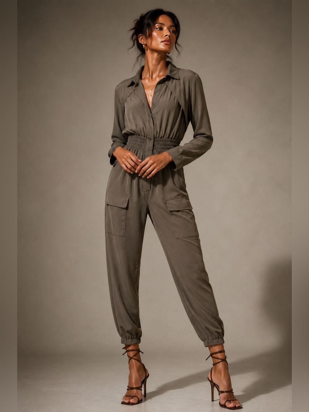 Vintage Y2K Bebe Lyocell Utility Jumpsuit Olive Green Smocked Waist  M